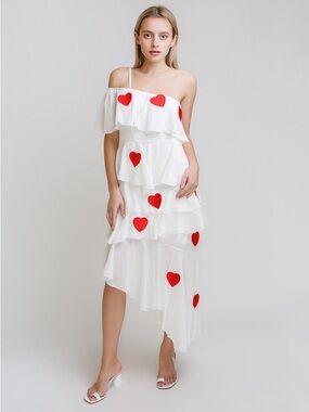 White Asymmetrical Tiered Dress with Red Heart Appliqué M